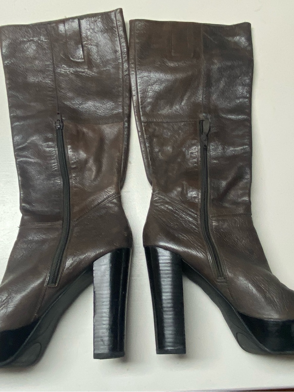 Nine West Dark Brown Leather Knee Boots with Black Block Heels